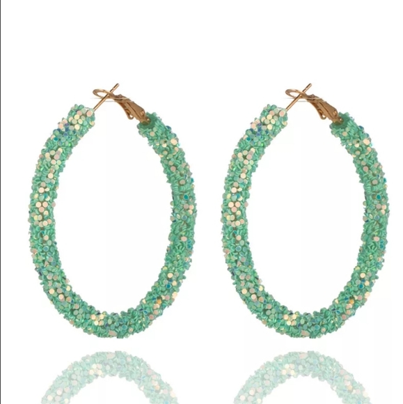 Teal Turquoise Big Circle Hoop Glitter Earring NWT - Picture 6 of 8